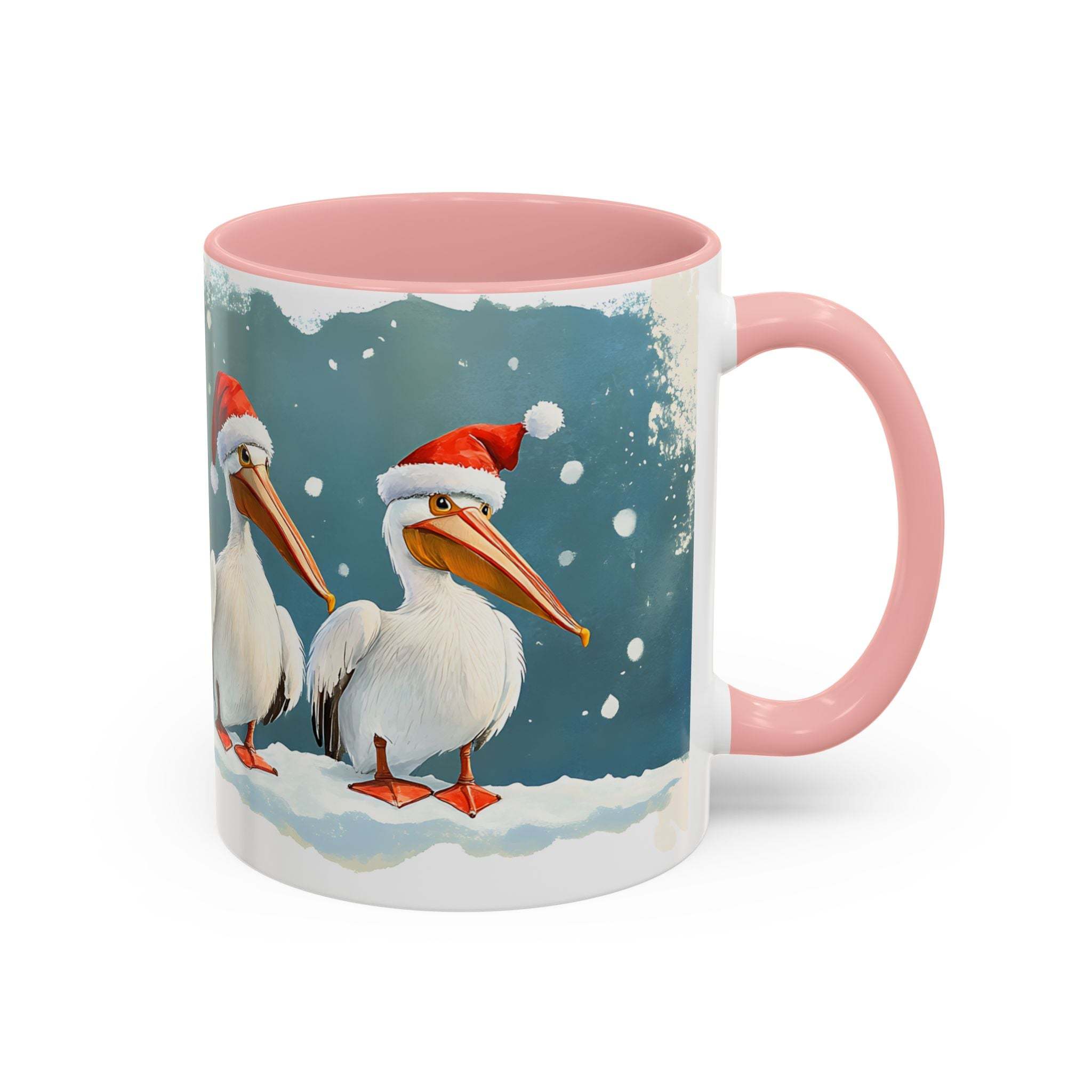 Mug with Christmas design featuring two pelicans wearing Santa hats on a snowy background.