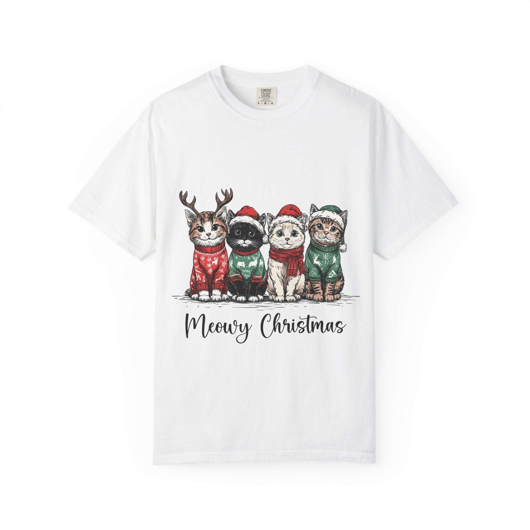 Bay Cat Lover T-shirt with Meowy Christmas design, festive apparel for cat enthusiasts by Printify