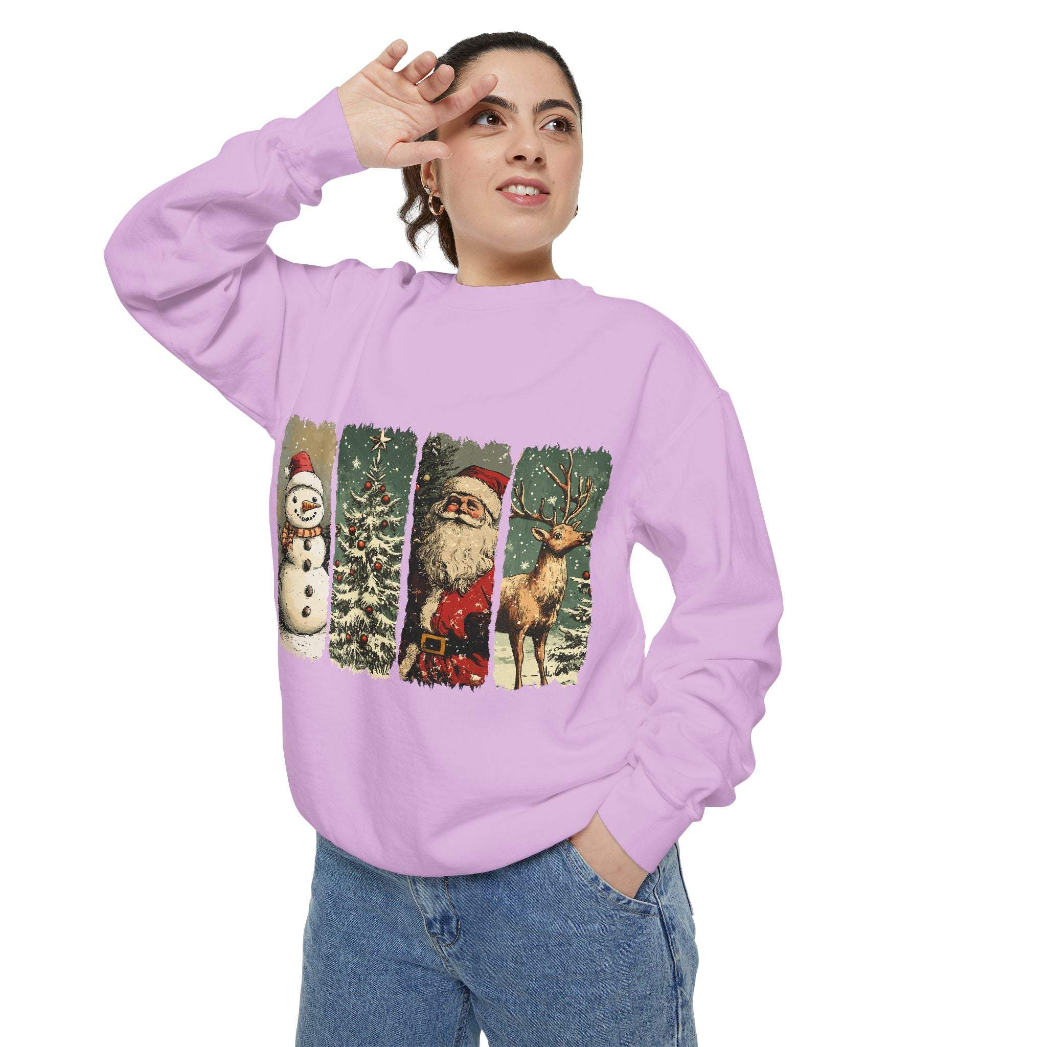 Adult vintage Christmas sweatshirt with watercolor holiday characters including snowman, Christmas tree, Santa, and reindeer on lavender fabric