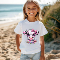 Kids pink floral highland cow graphic tee shirt with crew neckline
