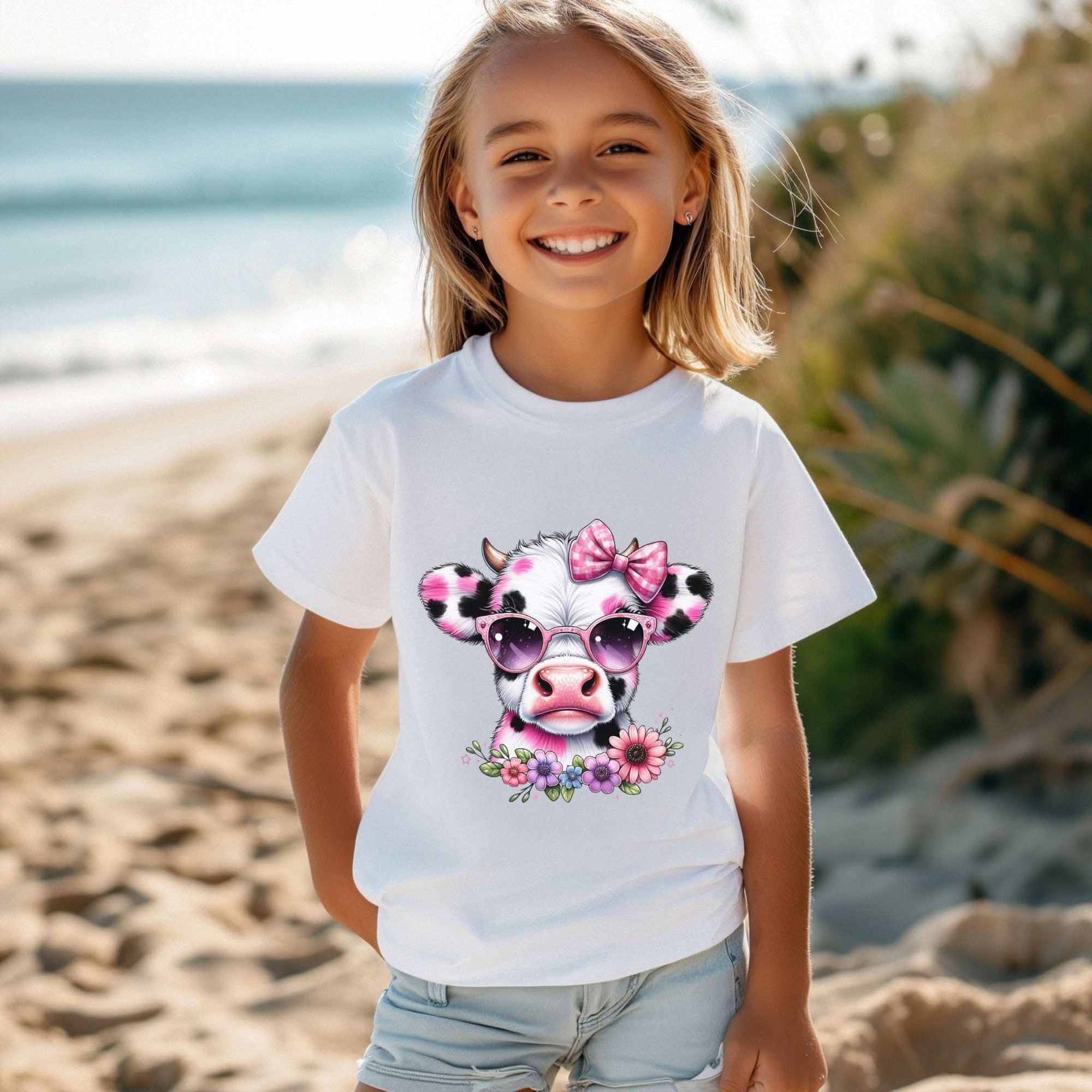 Kids pink floral highland cow graphic tee shirt with crew neckline