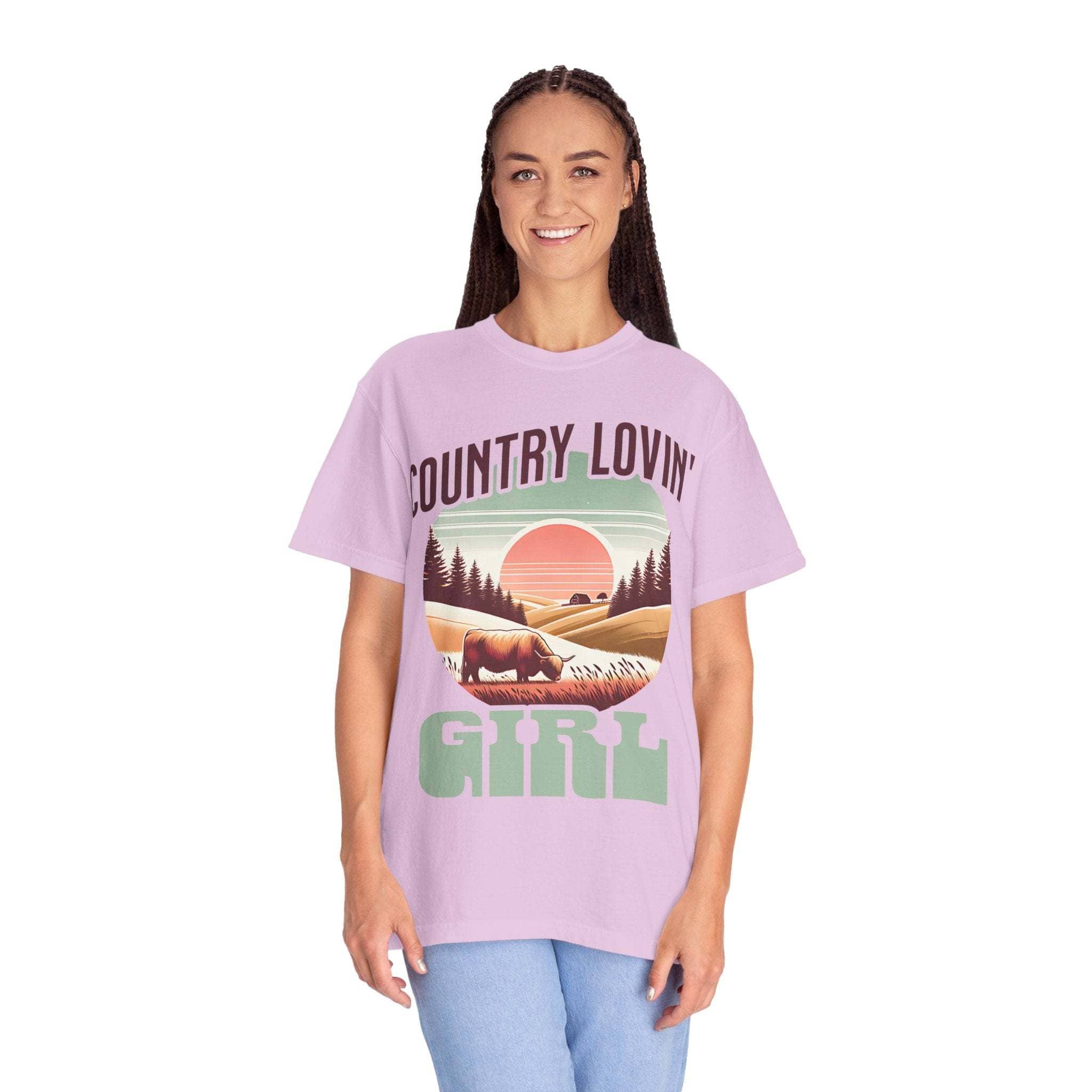 Country Lovin Girl T-shirt in lavender with vintage sunset and rural farm print, casual relaxed fit for country music fans