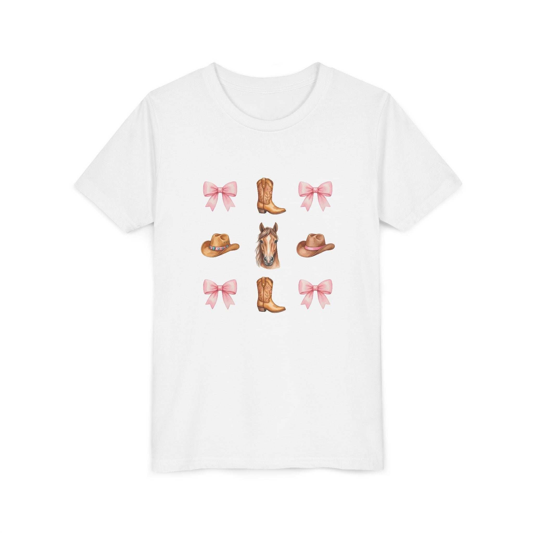 Youth pink tee with Cowboy Horse & Boots pink bows, Western hat, and horse face print