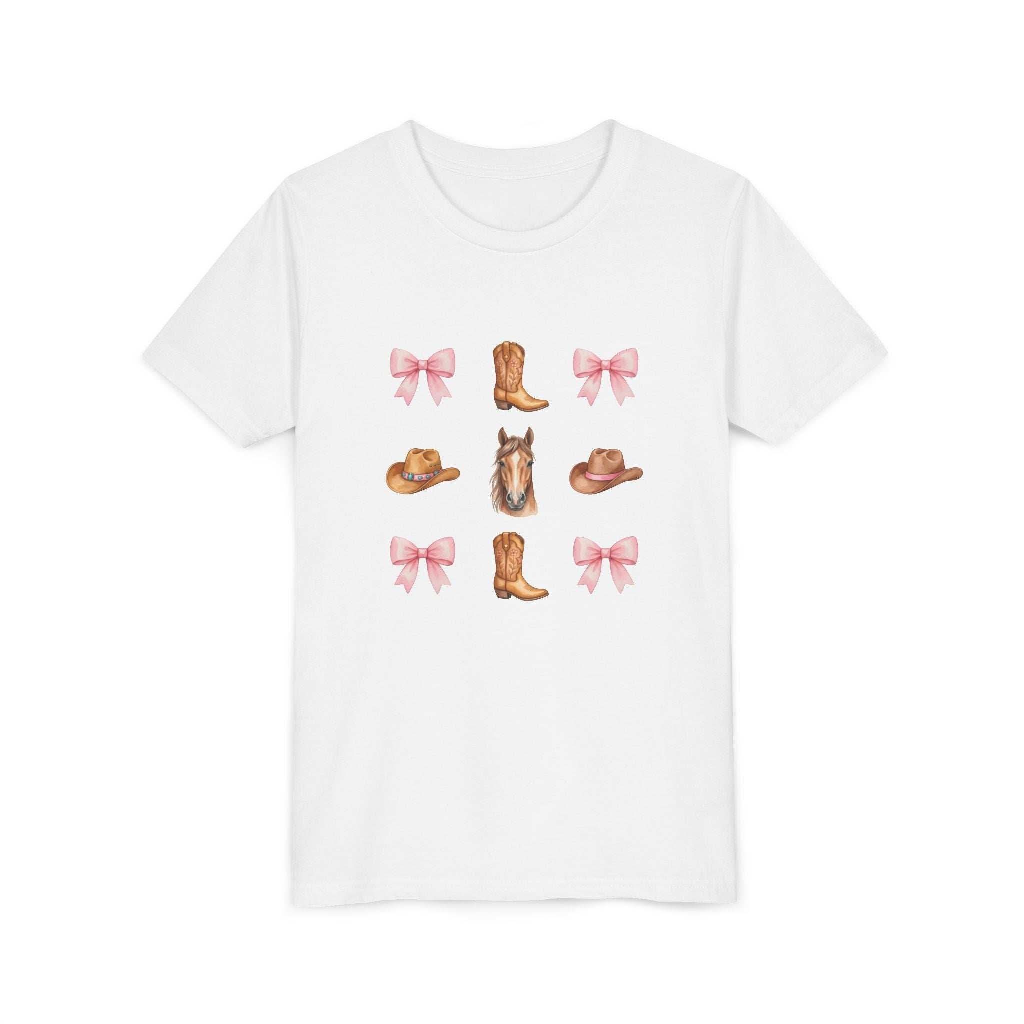 Youth pink tee with Cowboy Horse & Boots pink bows, Western hat, and horse face print