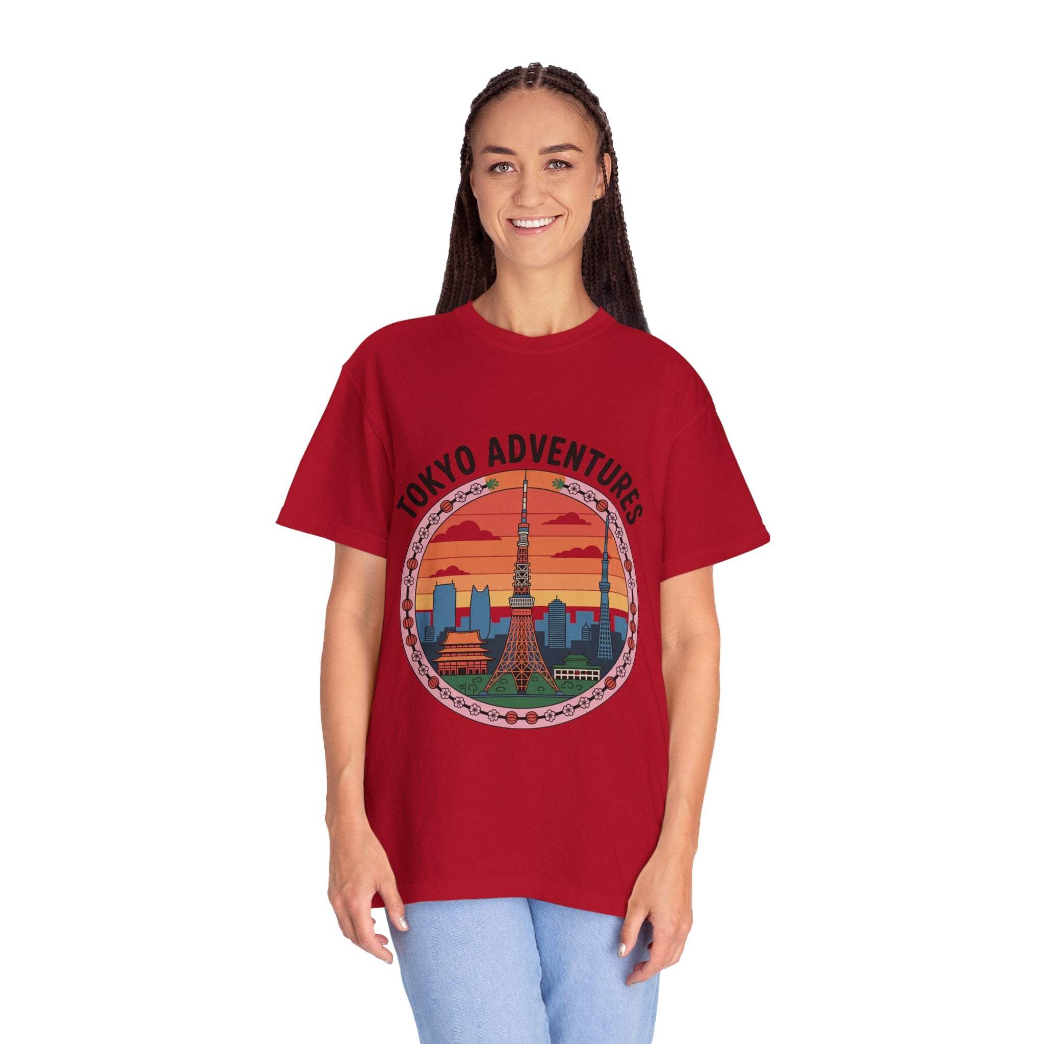 Woman wearing red garment-dyed Tokyo Adventures travel T-shirt with Tokyo city graphic