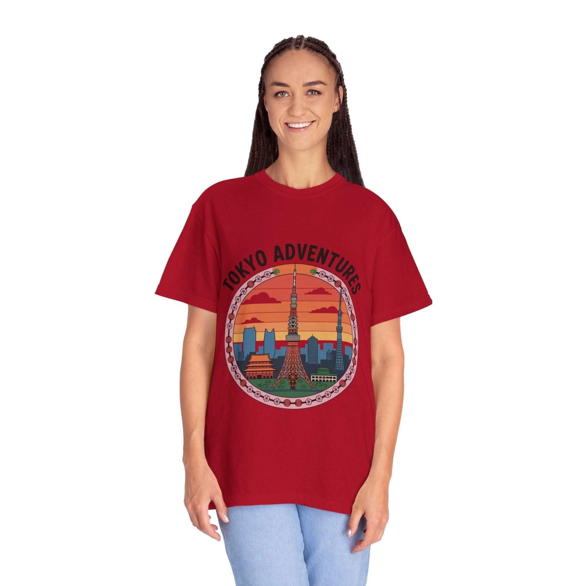 Woman wearing red garment-dyed Tokyo Adventures travel T-shirt with Tokyo city graphic