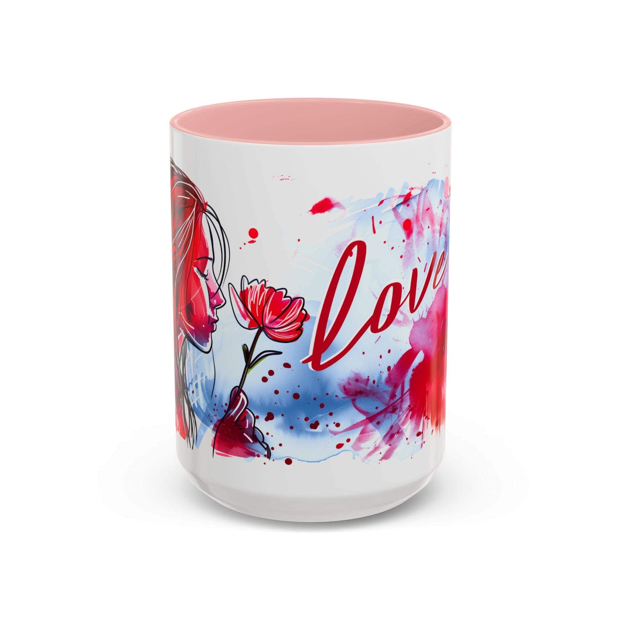 Valentines Floral Love Accent Coffee Mug with romantic heart and floral design, pink interior, and C-shaped handle