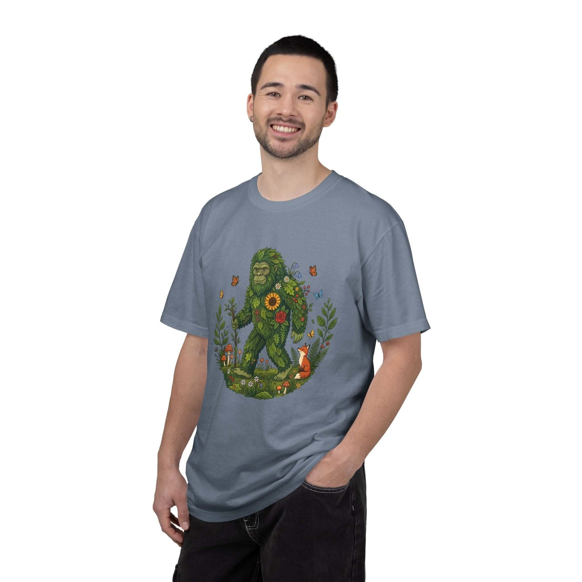 Forest Sasquatch Illustration T-shirt featuring floral woodland Bigfoot design with mossy fur and fox companion