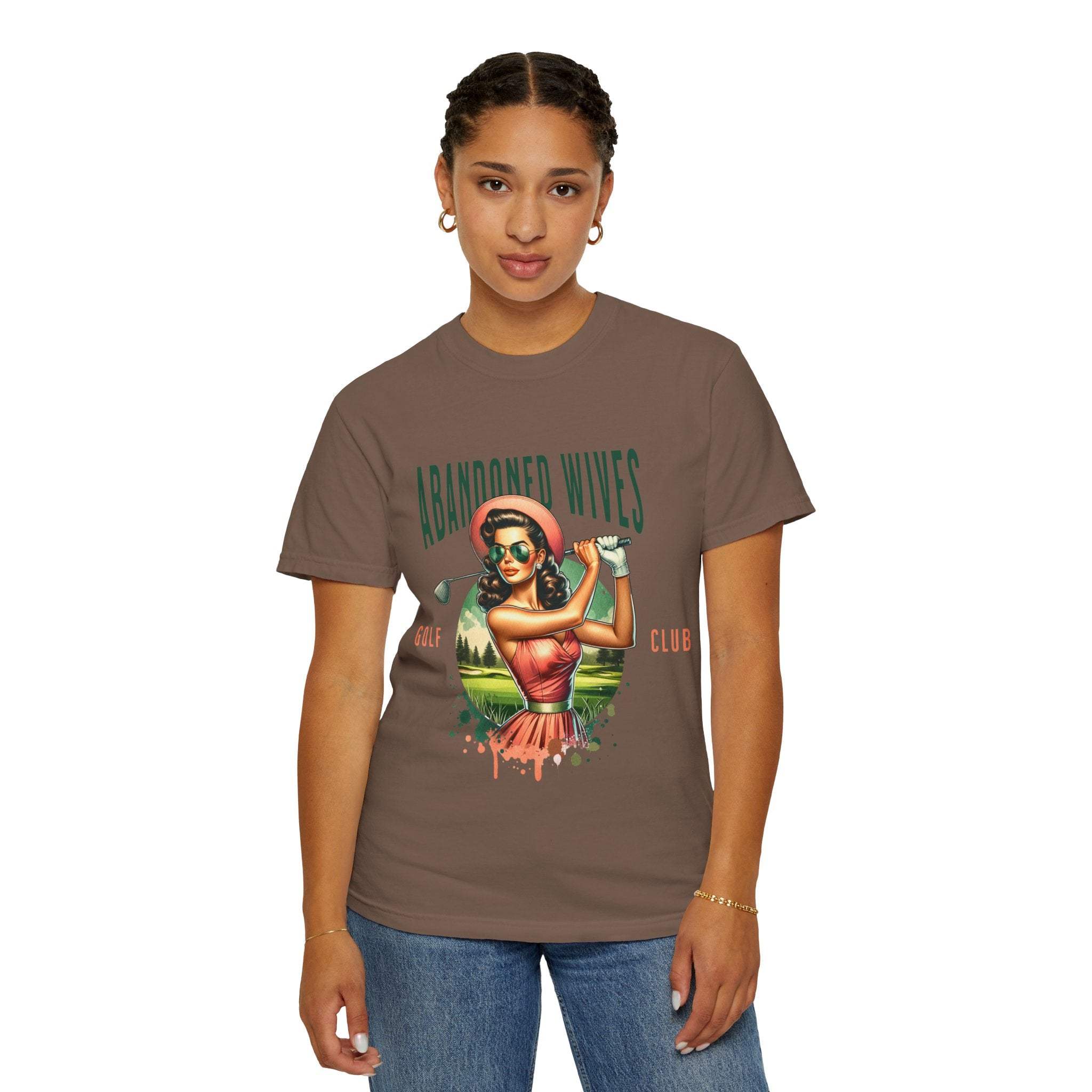 Vintage unisex T-shirt with Abandoned Wives Golf Club graphic design worn by woman
