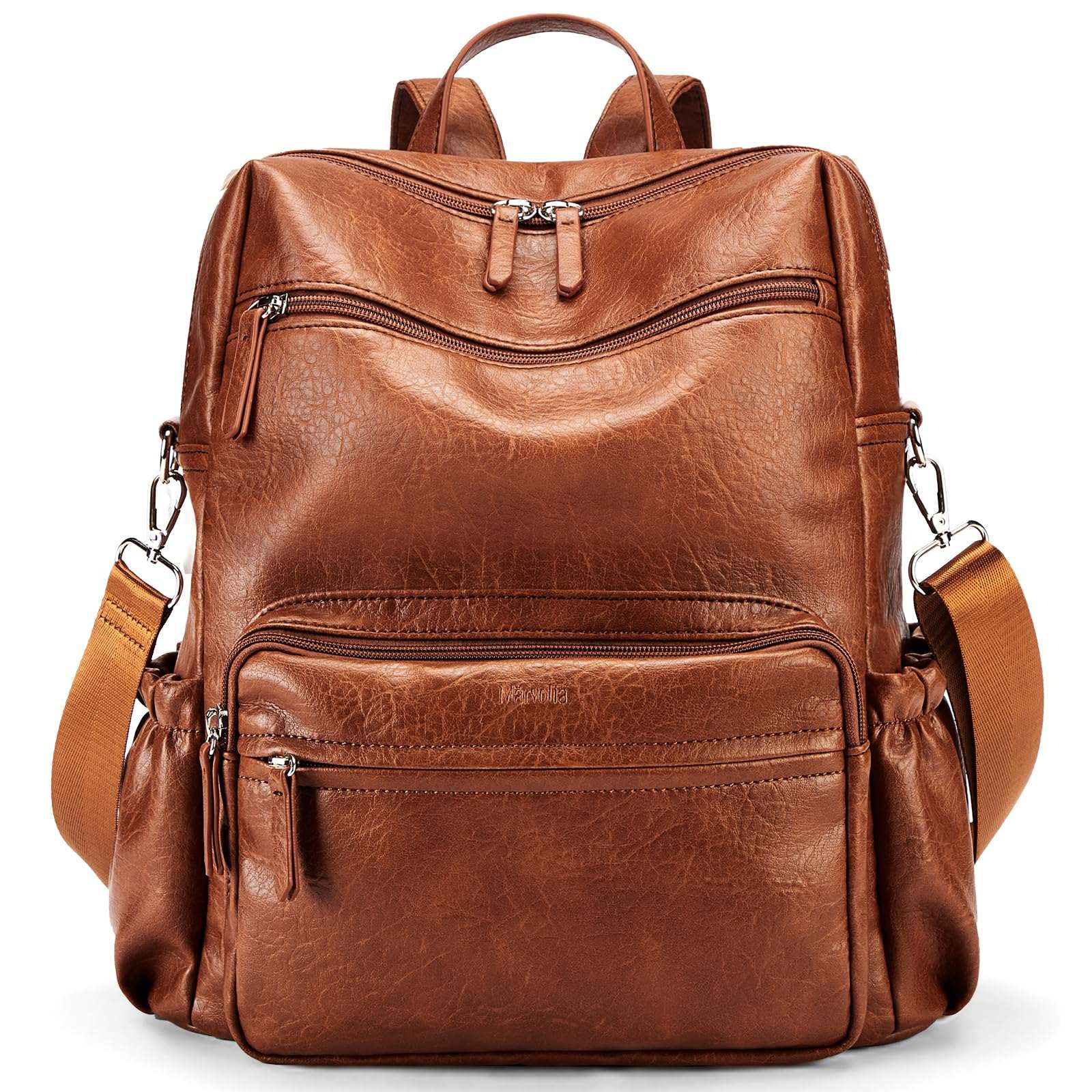 Compact leather backpack purse for women with multiple pockets and adjustable straps.