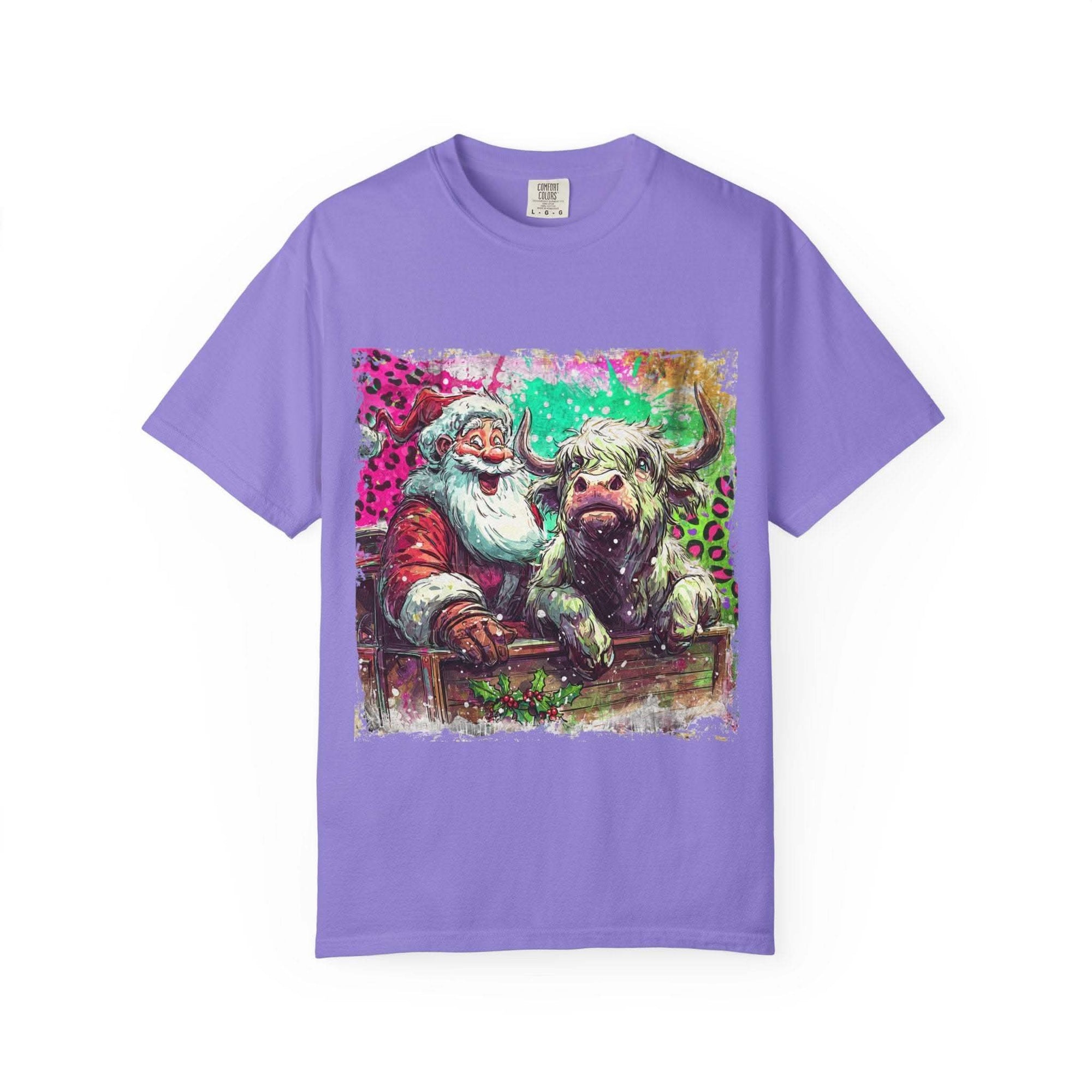 Retro Santa and Highland Cow graphic on a black t-shirt by Printify, perfect for festive holiday wear.
