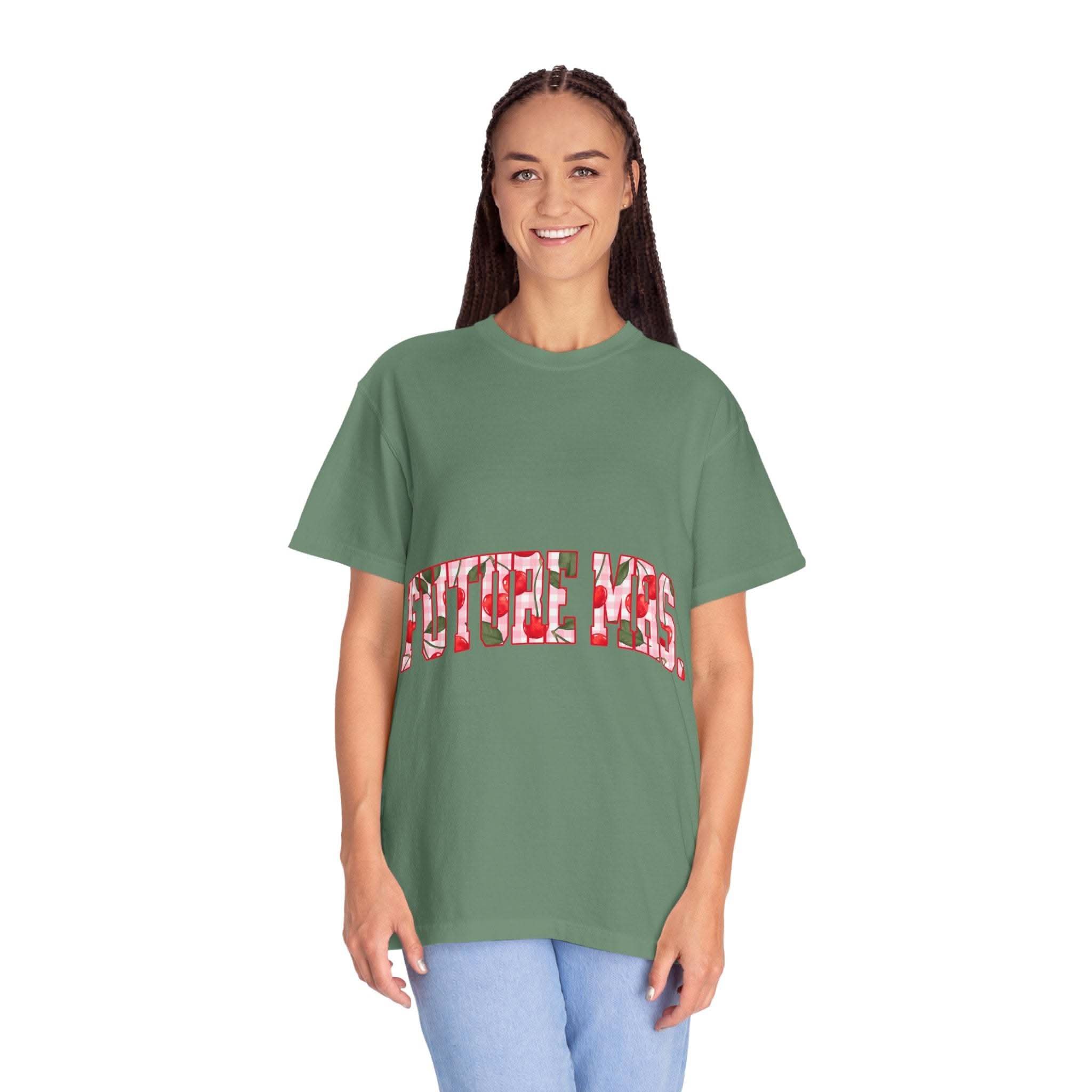 Future Mrs Cherry T-Shirt in muted colors for brides-to-be casual style