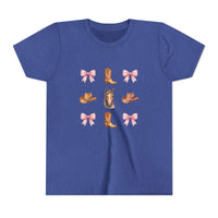 Youth pink Cowboy Horse & Boots tee with Western hat, horse face, and coquette bow pattern