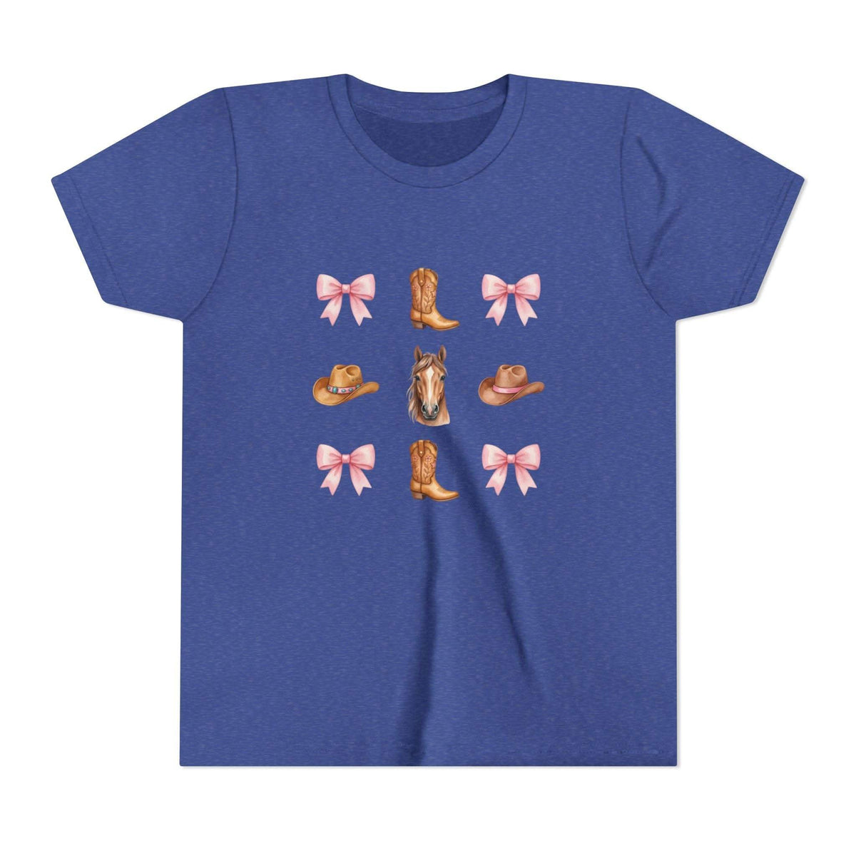 Youth pink Cowboy Horse & Boots tee with Western hat, horse face, and coquette bow pattern