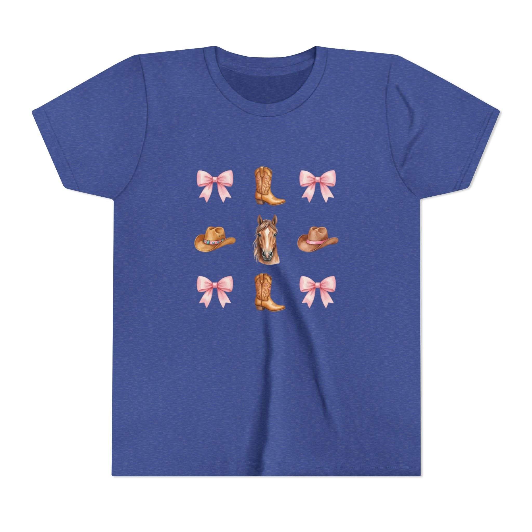 Youth pink Cowboy Horse & Boots tee with Western hat, horse face, and coquette bow pattern