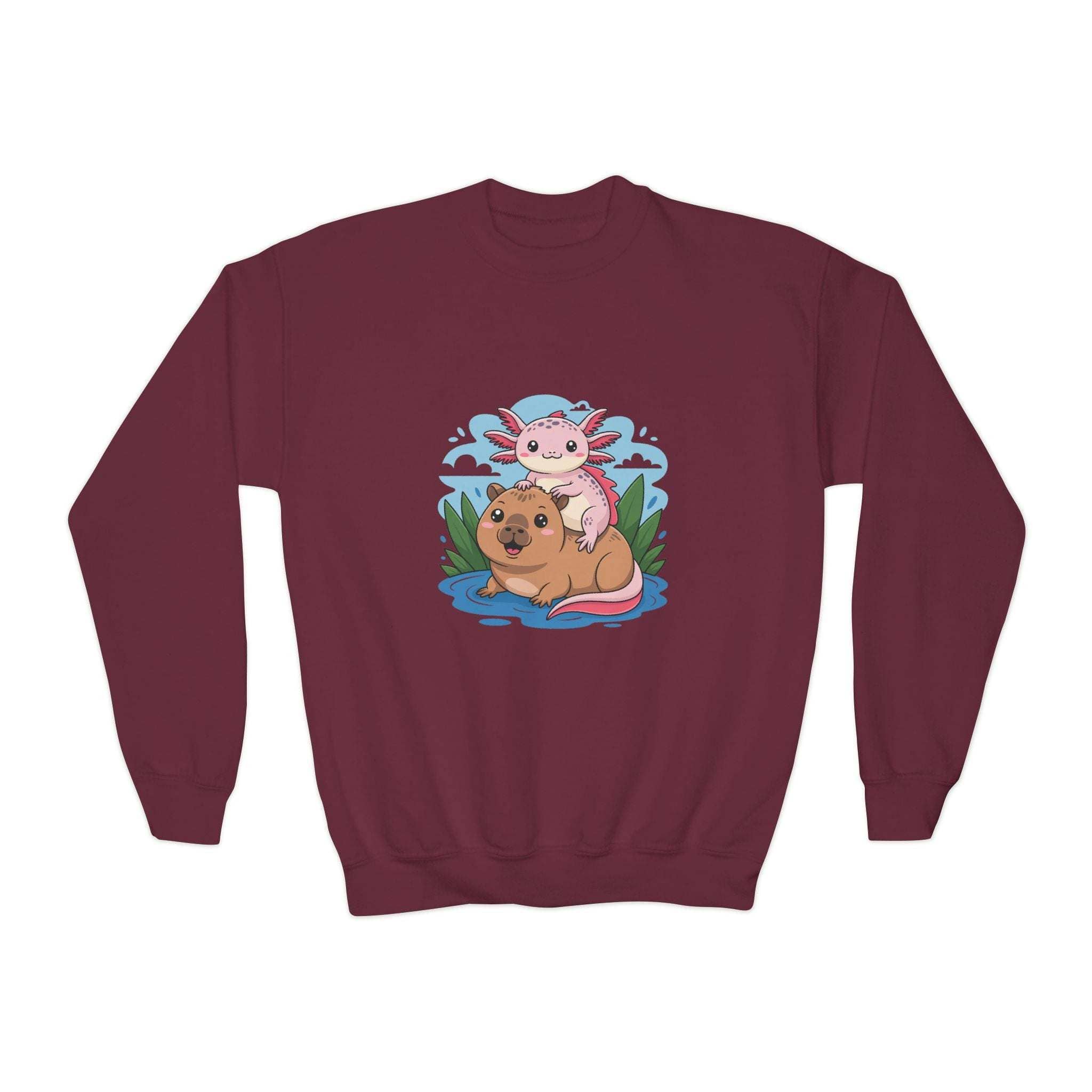Maroon sweatshirt with a cartoon design of a dog and a dragon on a white background