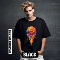 Colorful dripping neon ice cream cone graphic on relaxed-fit cotton t-shirt
