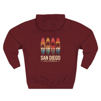 Retro San Diego surfboards fleece hoodie with vintage graphic and kangaroo pocket