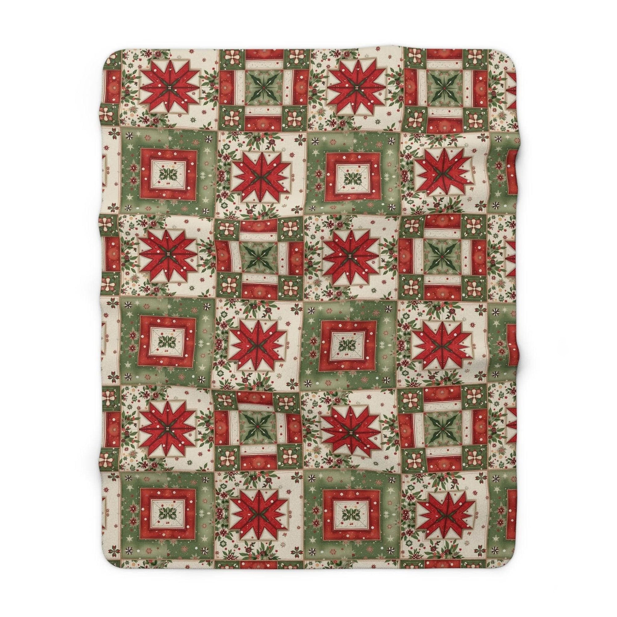 Vintage Christmas Patchwork Sherpa Blanket with plush fleece and patchwork design