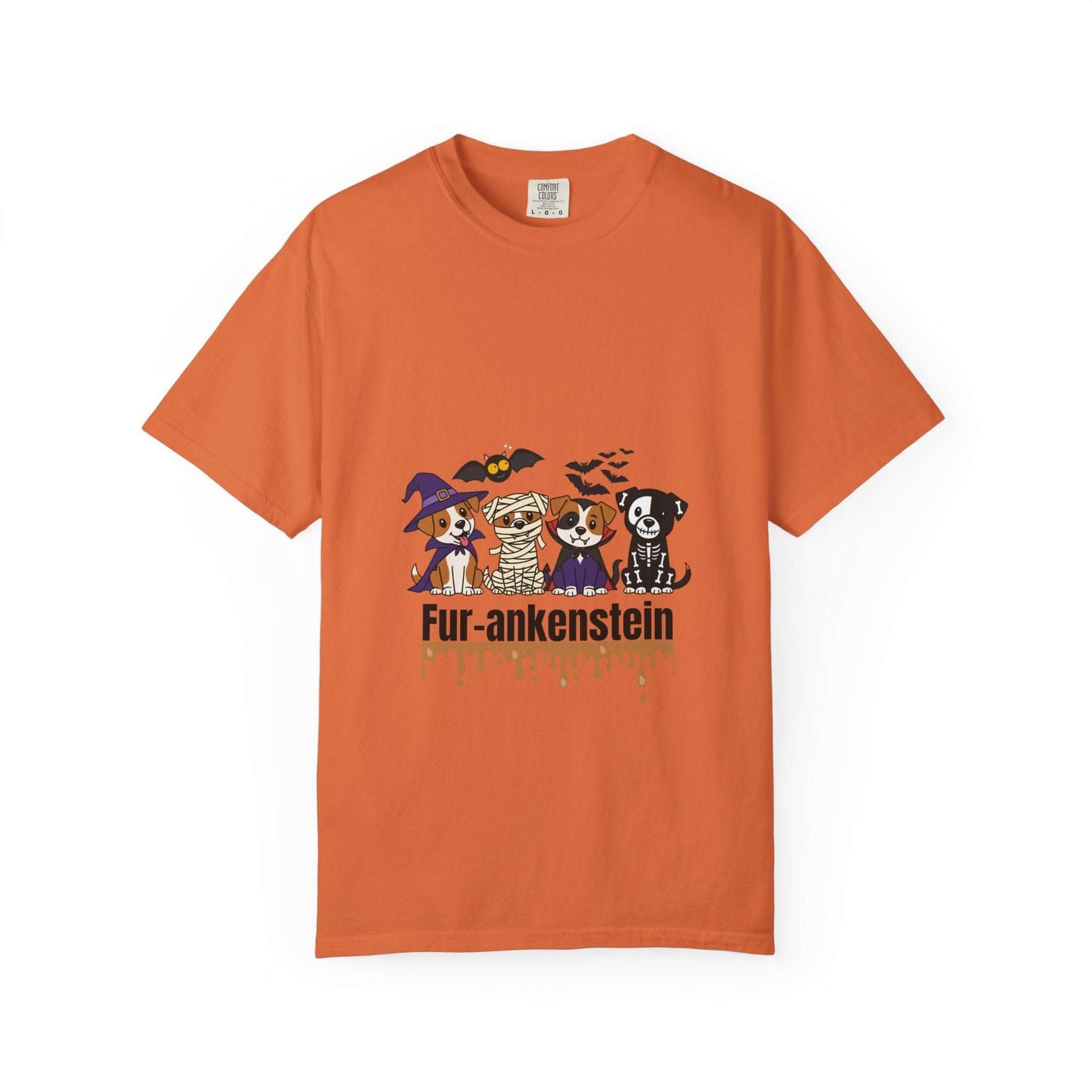 Red cotton t-shirt featuring cute puppies for Halloween, by Printify, size S