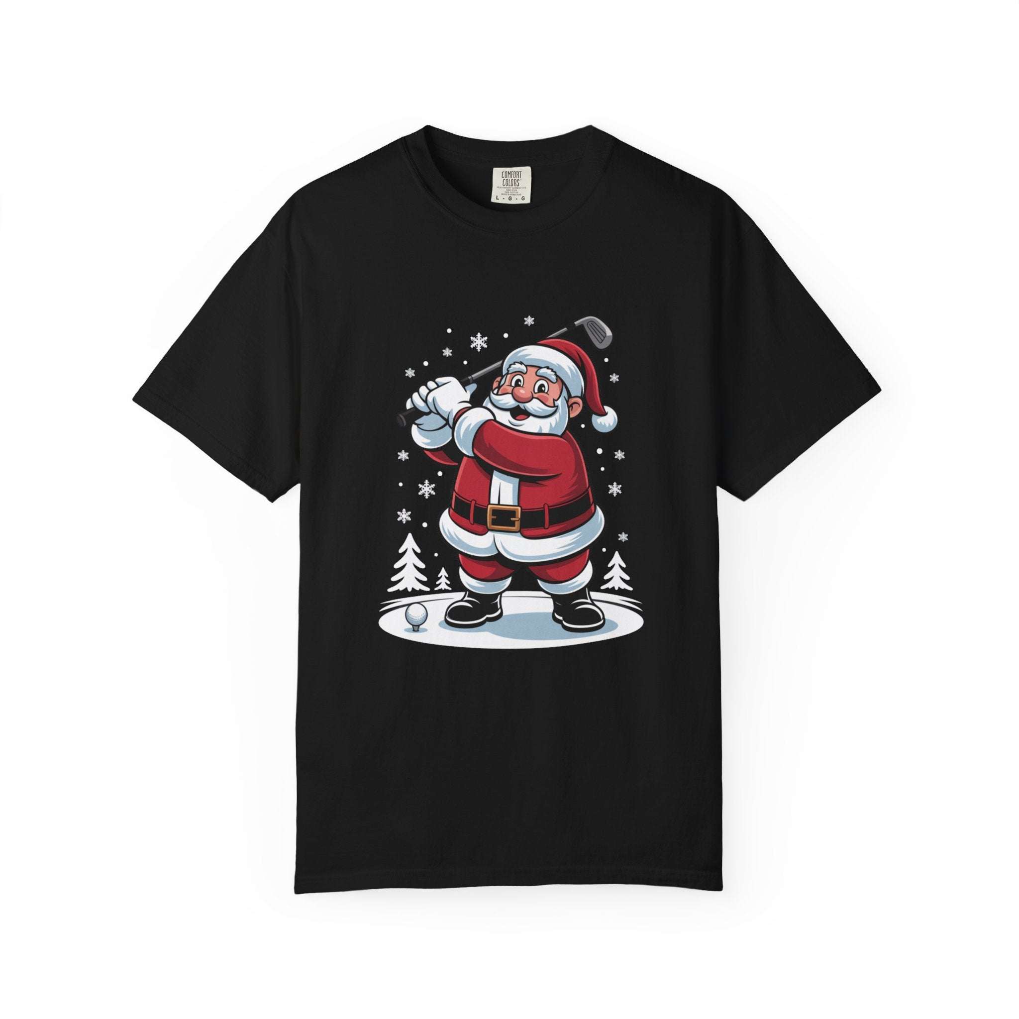 True Navy unisex t-shirt featuring Santa golfing design, ideal for Christmas and festive occasions by Printify.