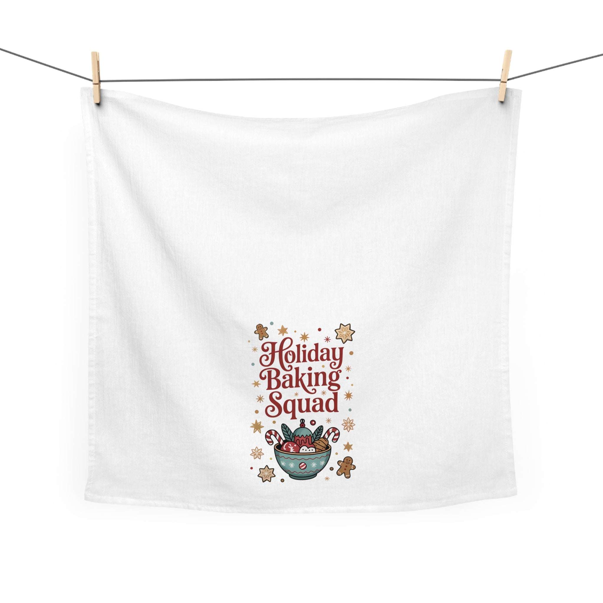 White cotton tea towel featuring 'Holiday Baking Squad' design, 28' × 28', by Printify for festive kitchen decor.