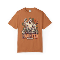 Yam orange Comfort Colors 1717 Halloween mahjong T-shirt with a ghost holding a tile and “The Discard Pile Is Haunted (Obviously)” lettering.