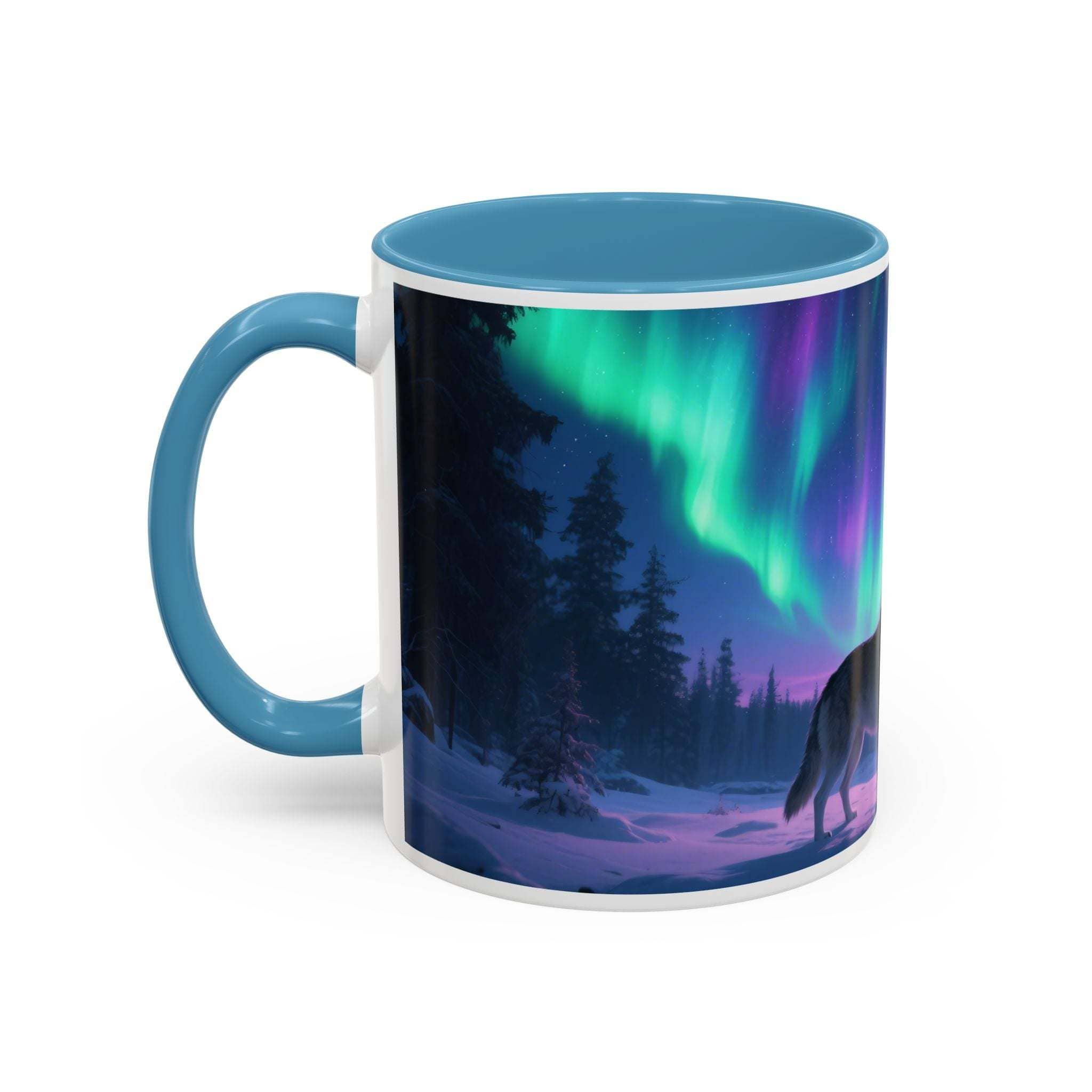 Mug with a design of a wolf under the Northern Lights in a forest