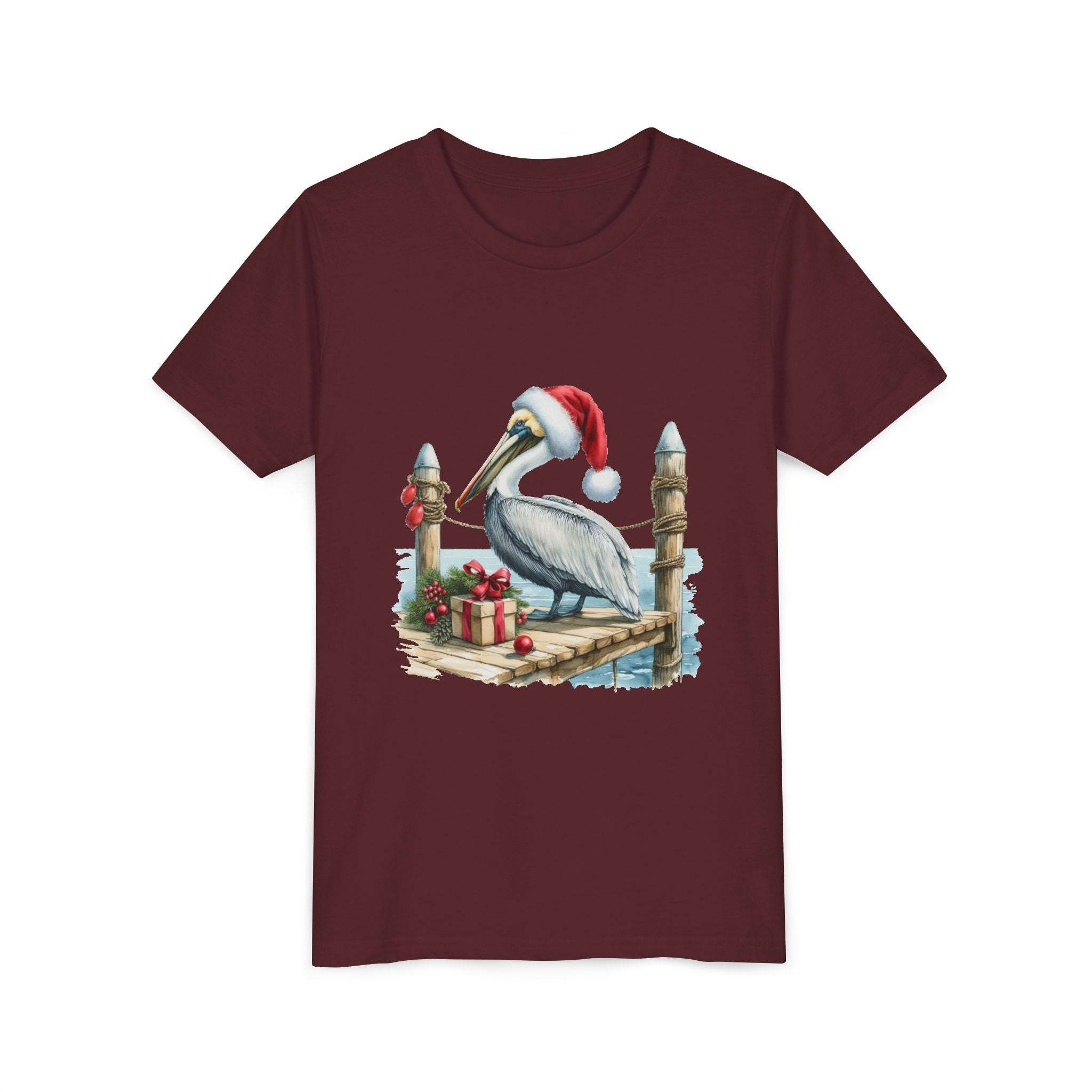Youth maroon t-shirt with pelican wearing Santa hat on pier and holiday gifts design