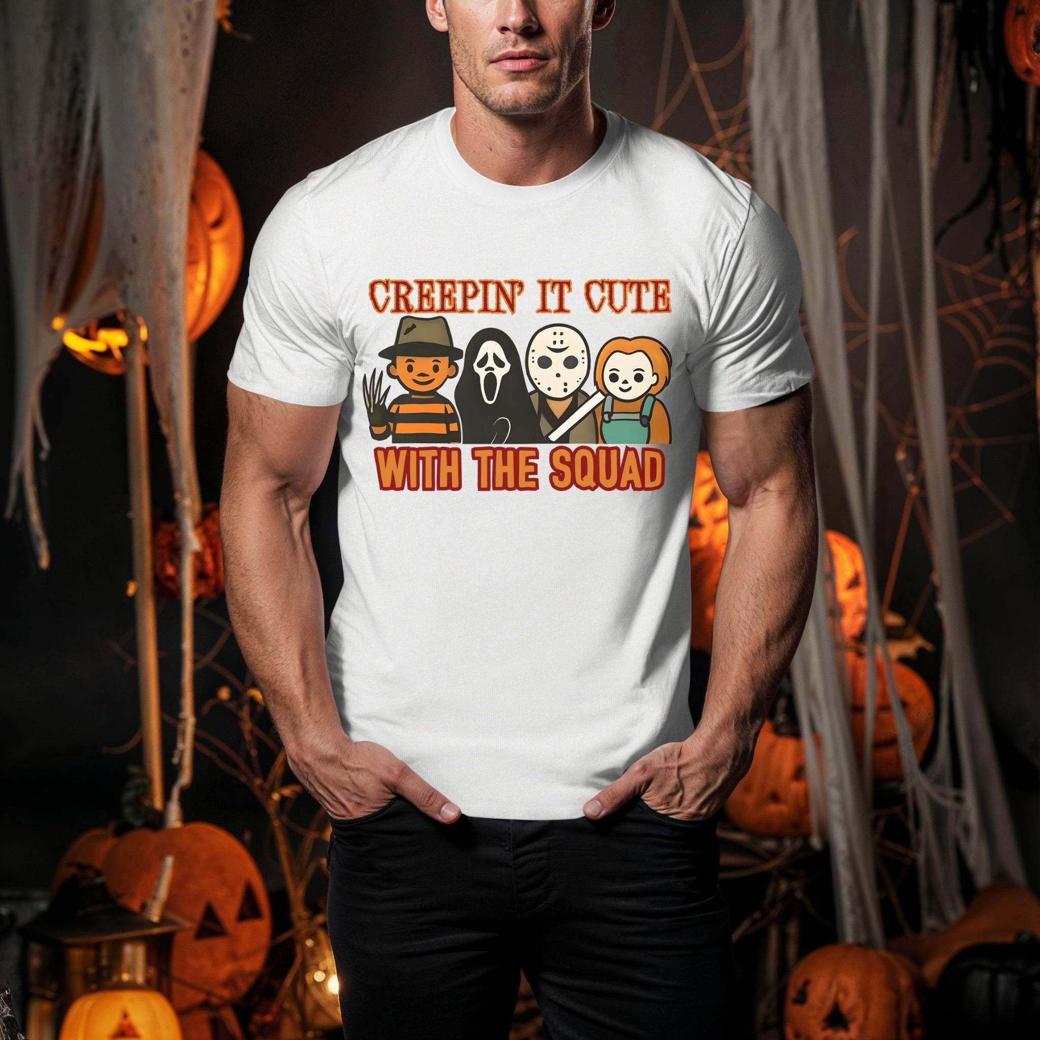 Retro horror movie themed Halloween T-shirt with cute spooky characters and "Creepin it Cute with the Squad" text