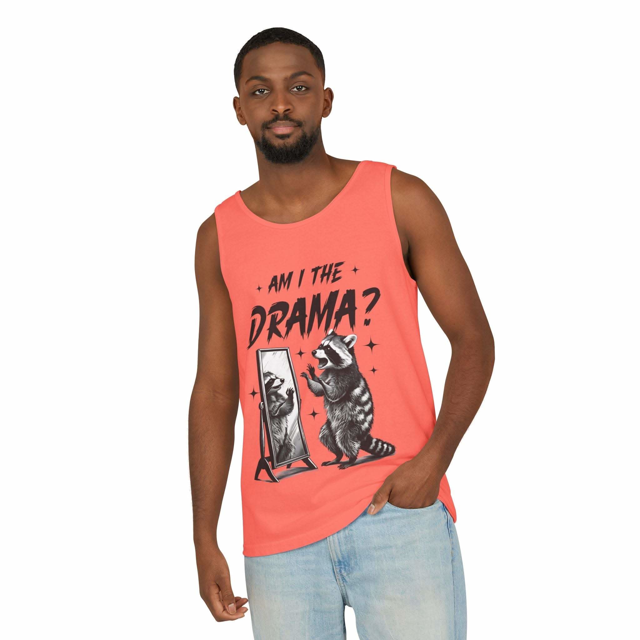 Men's coral tank top with "Am I The Drama?" raccoon graphic, casual and trendy summer wear