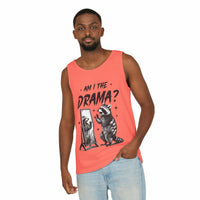 Men's coral tank top with "Am I The Drama?" raccoon graphic, casual and trendy summer wear