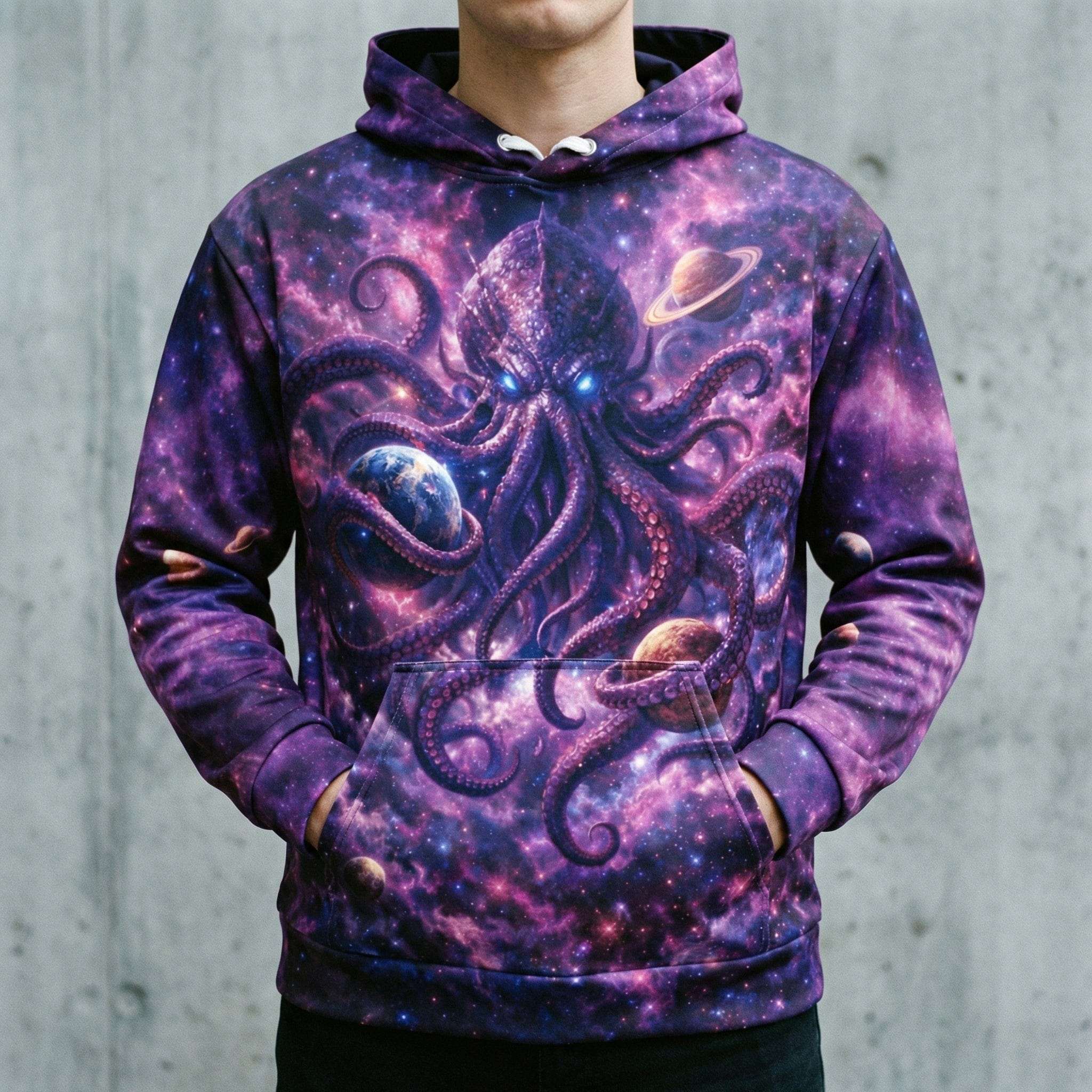 Cosmic Kraken Hoodie with space tentacles wrapping planets and nebulas in purple and blue tones