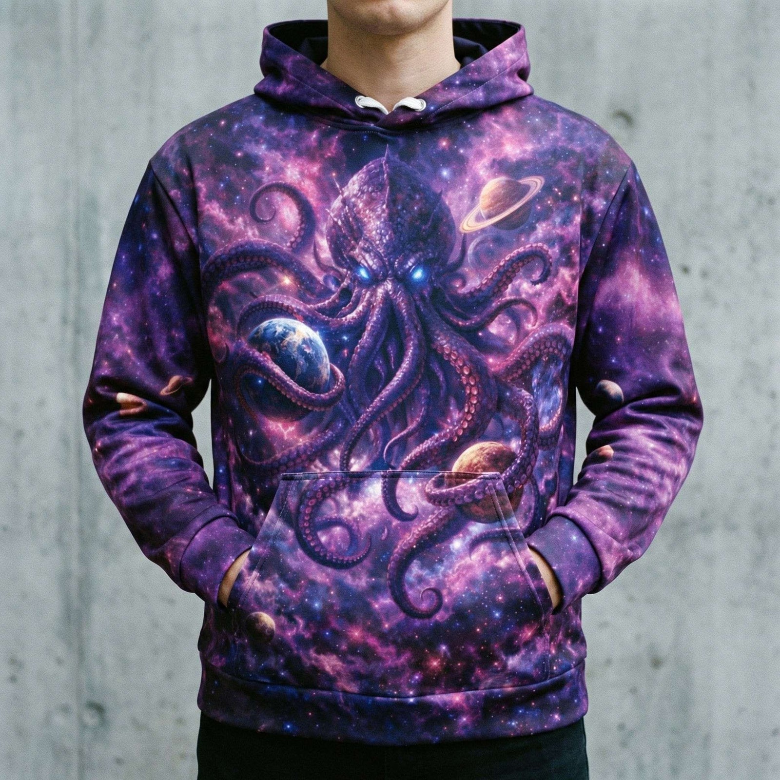 Unisex Cosmic Kraken Hoodie featuring space-themed kraken tentacles wrapping planets and nebulas in purple and pink hues