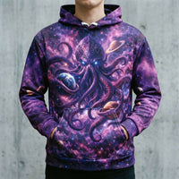 Unisex Cosmic Kraken Hoodie featuring space-themed kraken tentacles wrapping planets and nebulas in purple and pink hues