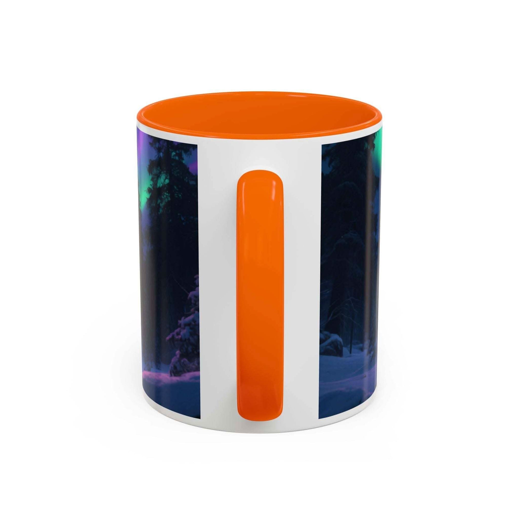 Mug with orange interior and handle, featuring a colorful abstract design on the exterior.