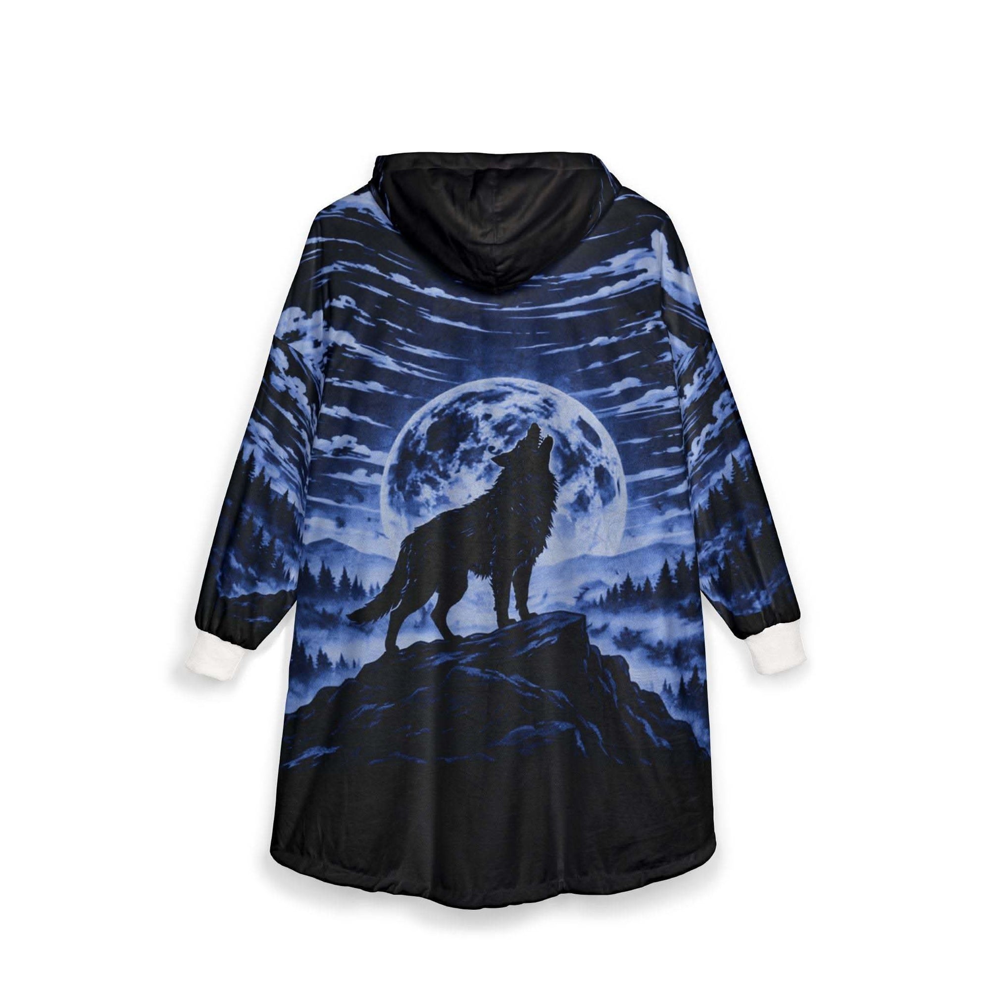 Blue Wolf All Over Print hooded blanket with vibrant indigo wolf design and kangaroo pocket