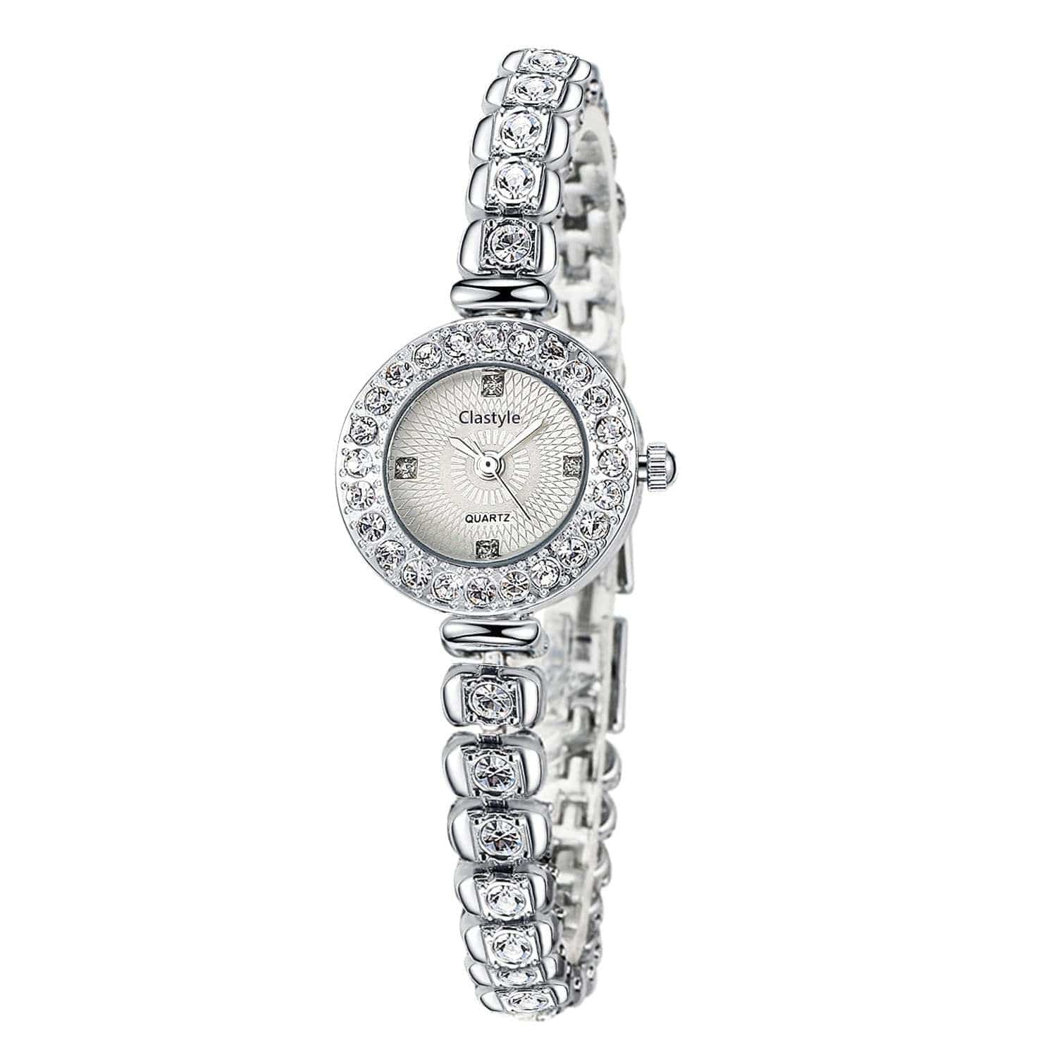 Elegant silver rhinestone bracelet watch with adjustable slim strap and small dial for women