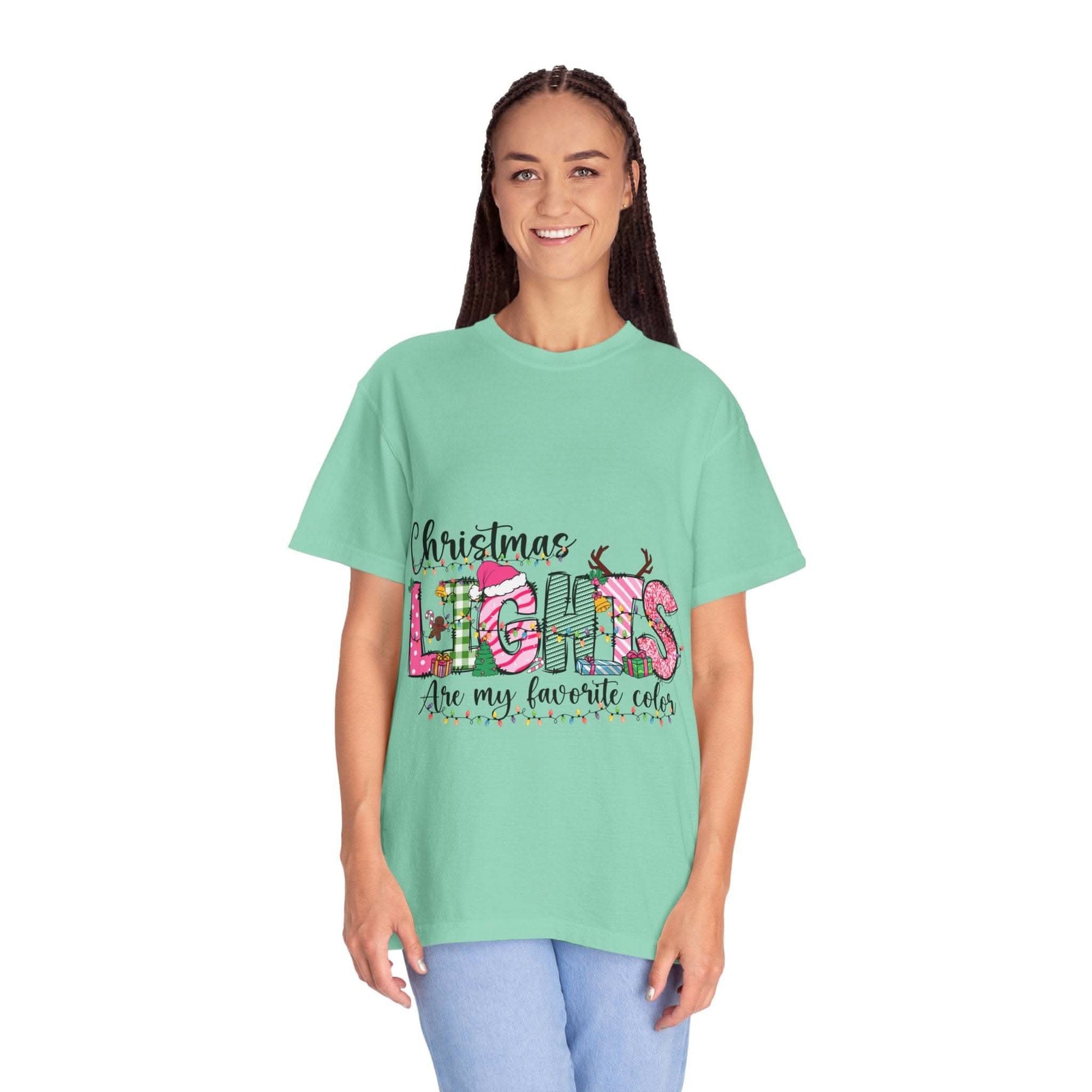Christmas Lights Are My Favorite Color T-shirt in garment-dyed soft cotton with relaxed fit and holiday graphic