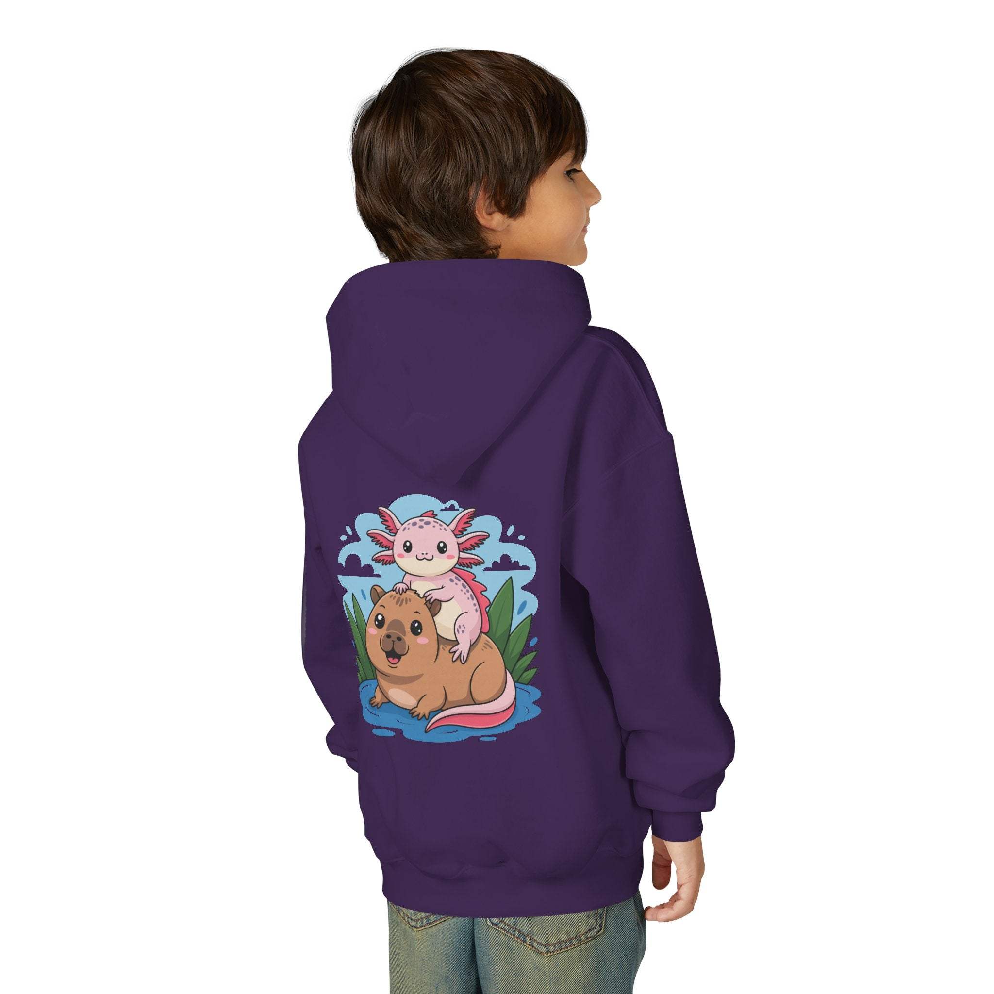 Youth hoodie with soft cotton-poly blend featuring playful axolotl and capybara design