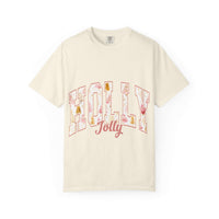 Cream varsity holly jolly T-shirt with festive lettering and soft garment-dyed fabric
