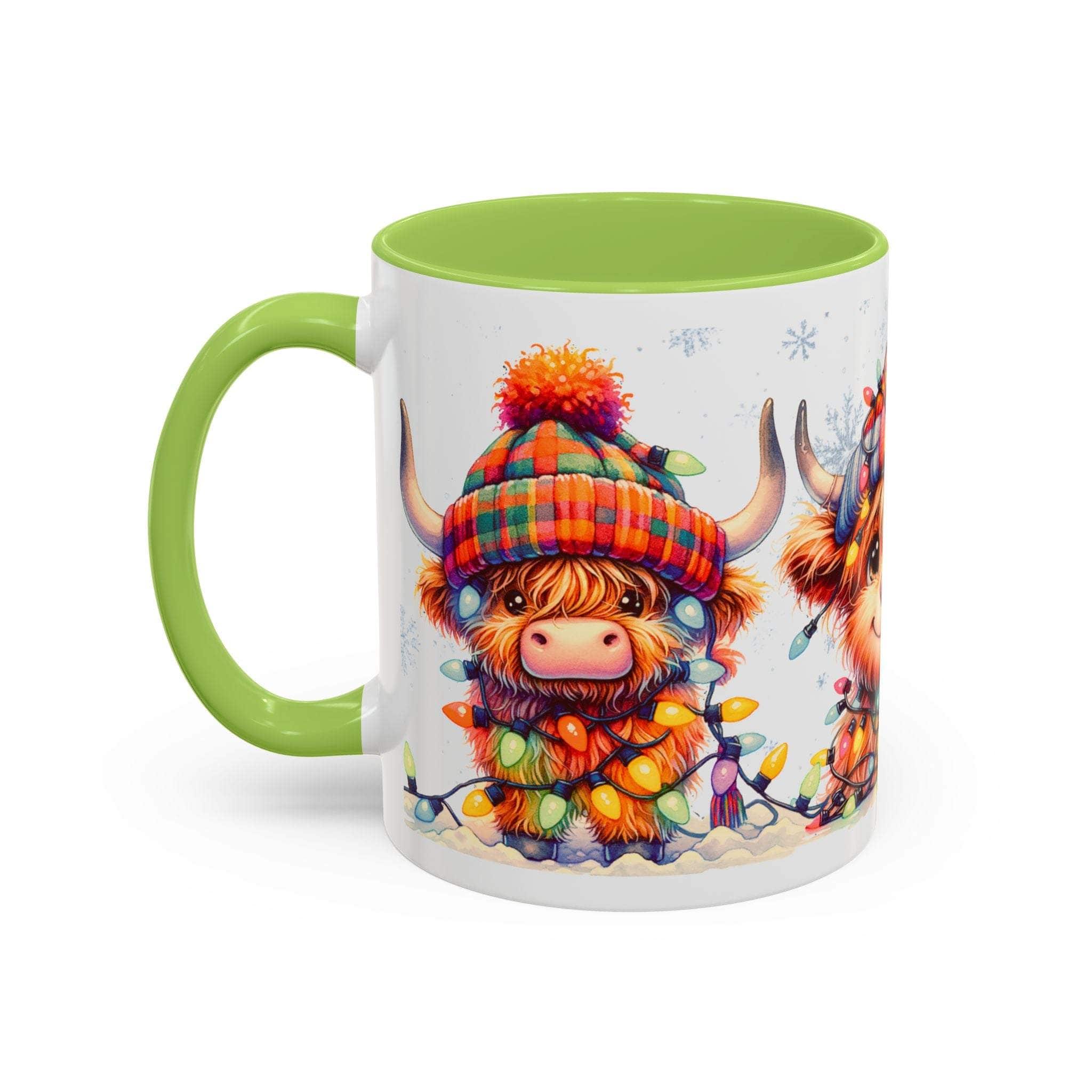 Mug with a cartoon Highland cow wearing a Christmas hat and scarf on a white background