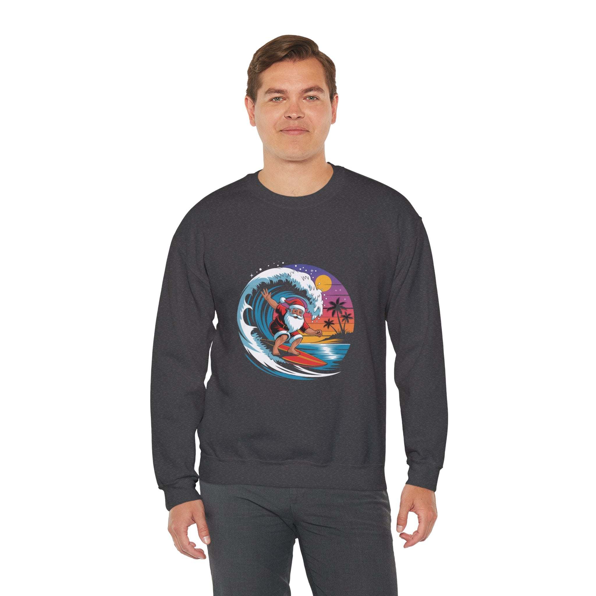 Navy Santa sweatshirt featuring a surfing design, perfect for holiday beachwear by Printify.