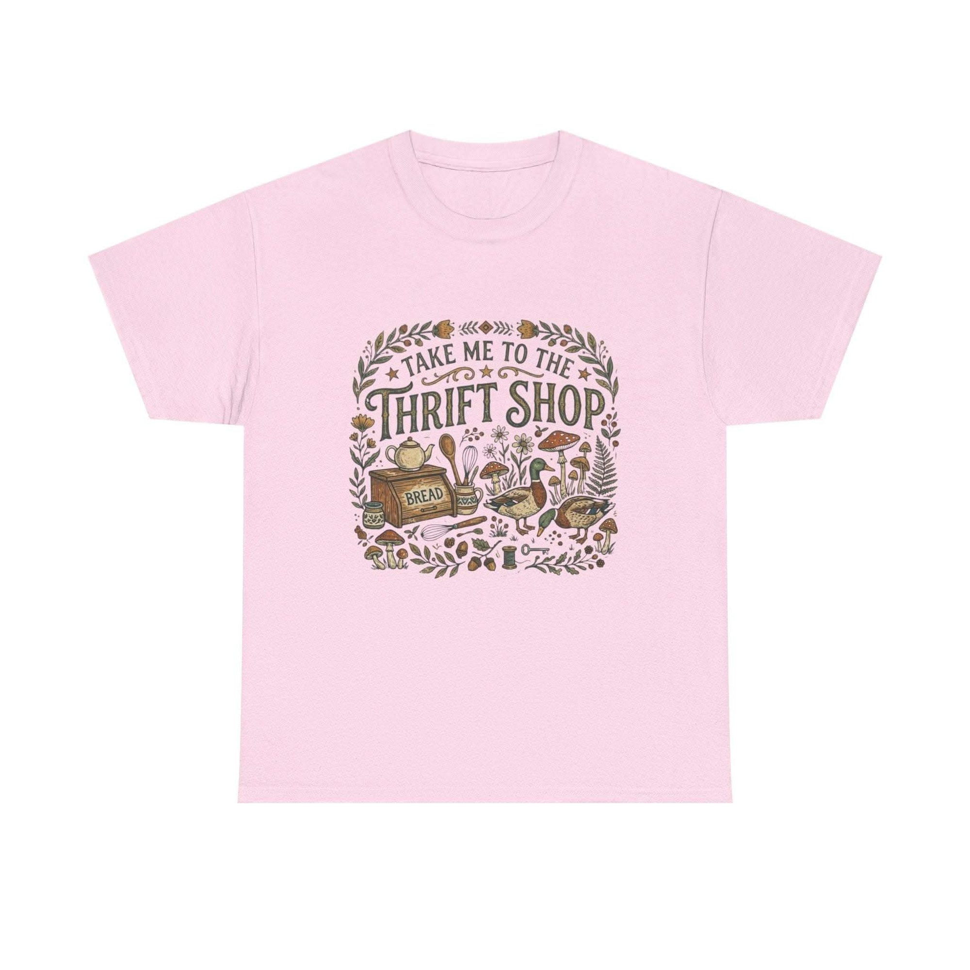 Vintage Take Me to the Thrift Shop T-shirt with botanicals, mushrooms, and flea market treasures illustration