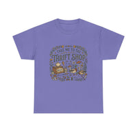 Vintage thrift shop t-shirt with botanical and mushroom illustration, cottagecore design, and hand-lettered text.