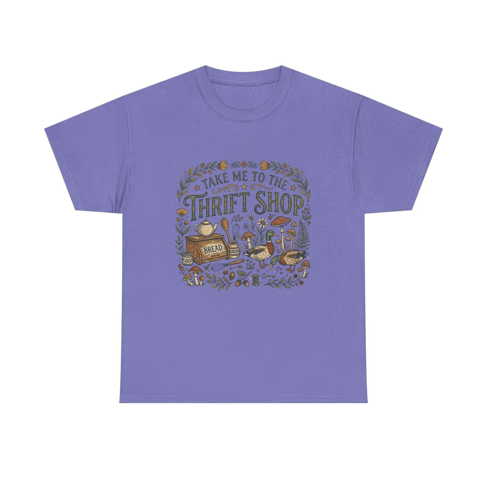 Vintage thrift shop t-shirt with botanical and mushroom illustration, cottagecore design, and hand-lettered text.