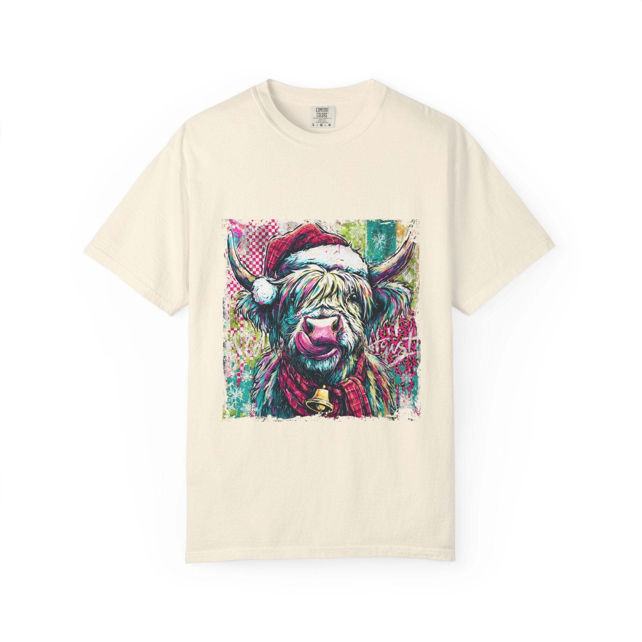 Retro Santa Highland Cow T-shirt with colorful festive cow design on white cotton fabric