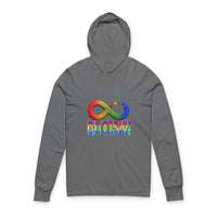 Gray Autism Awareness Hoodie long sleeve tee with colorful infinity symbol and puzzle pieces design
