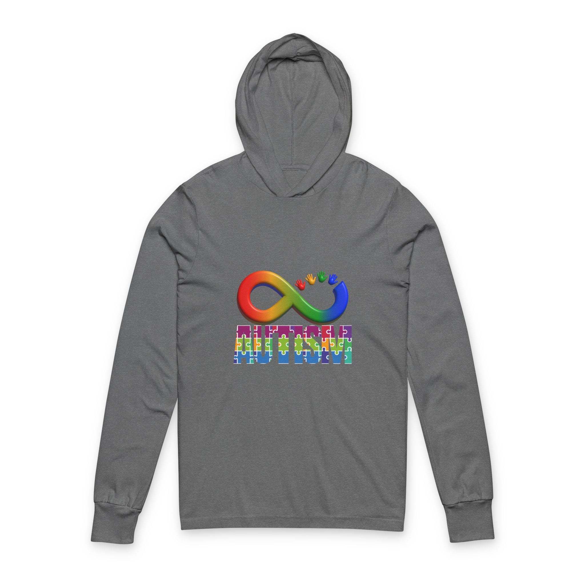 Gray Autism Awareness Hooded long sleeve tee with colorful infinity symbol and puzzle pieces design