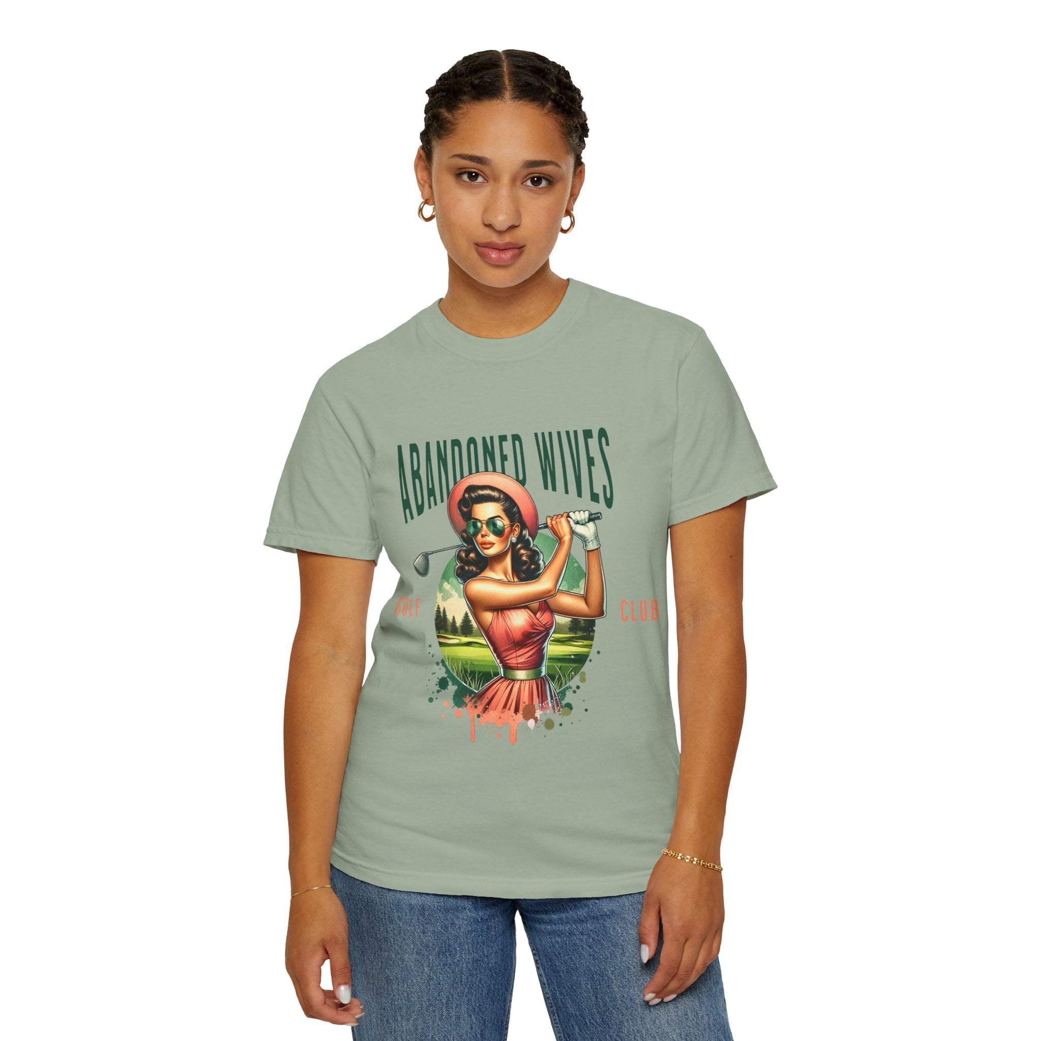 Vintage unisex t-shirt with humorous Abandoned Wives Golf Club graphic design on soft garment-dyed fabric